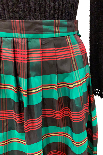 1970's Emerald Green and Red Plaid Taffeta Skirt