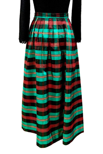 1970's Emerald Green and Red Plaid Taffeta Skirt