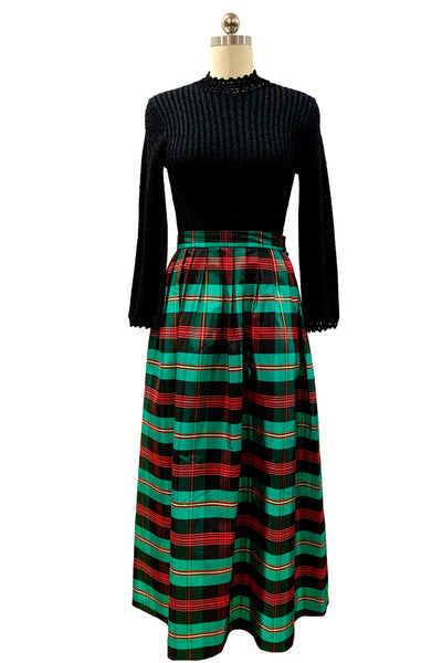 1970's Emerald Green and Red Plaid Taffeta Skirt