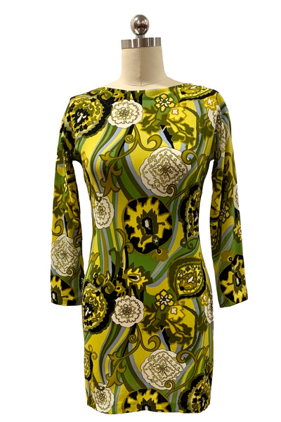 1970's Green and Yellow Boatneck Mini Dress