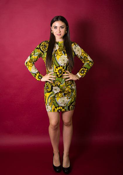 1970s Green and Yellow Boatneck Mini Dress