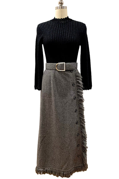 1960's Grey Wool Full Length Fringe Skirt
