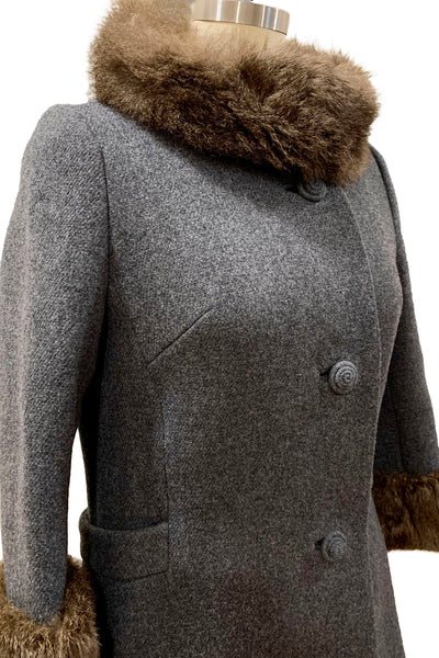 1960's Charcoal Grey Fur Trim Coat