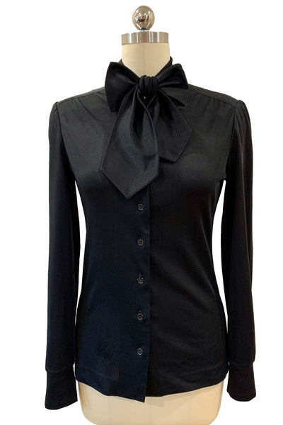 1970's Black Polyester Secretary Bow Blouse