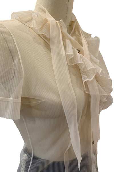 1950s Cream Nylon Ruffle Collar Blouse