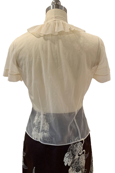 1950s Cream Nylon Ruffle Collar Blouse