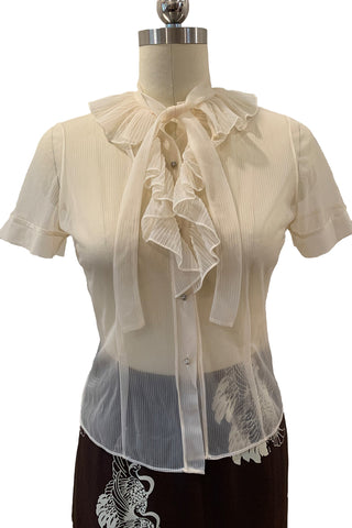 1950s Cream Nylon Ruffle Collar Blouse