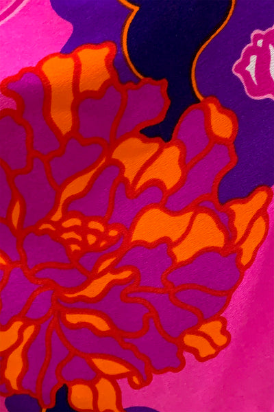 1970s Fucsia Floral Flutter Sleeve Maxi Dress