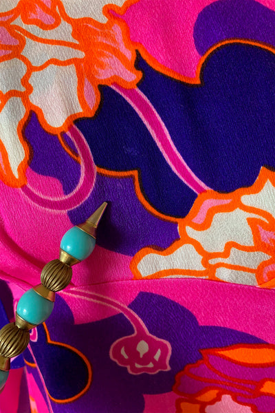 1970s Fucsia Floral Flutter Sleeve Maxi Dress