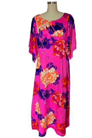 70's Fucsia Floral Flutter Sleeve Maxi Dress