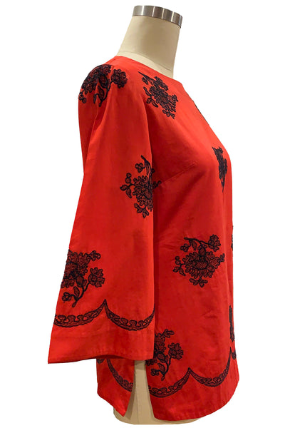 1960's Cherry Red Tunic With Embroidery
