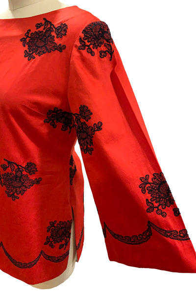 1960's Cherry Red Tunic With Embroidery