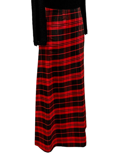 1970's Black and Cherry Red Plaid Taffeta Skirt