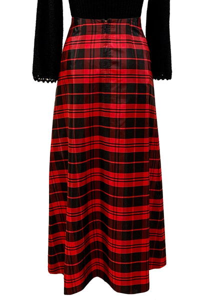 1970's Black and Cherry Red Plaid Taffeta Skirt