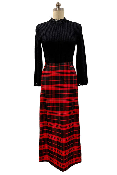 1970's Black and Cherry Red Plaid Taffeta Skirt