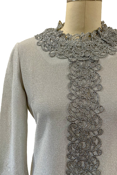 1970's Metallic Silver Lamé Long Sleeve Shift Dress