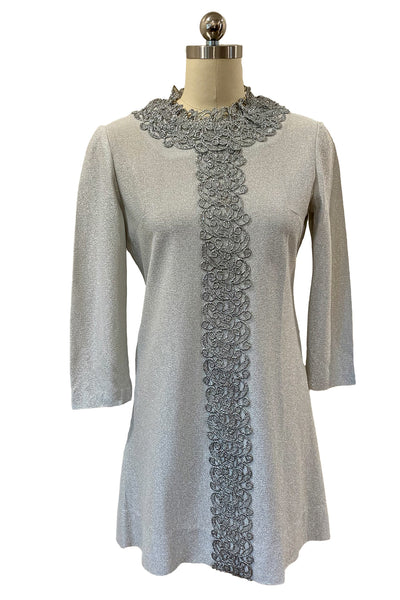 1970's Metallic Silver Lamé Long Sleeve Shift Dress