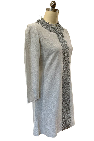 1970's Metallic Silver Lamé Long Sleeve Shift Dress