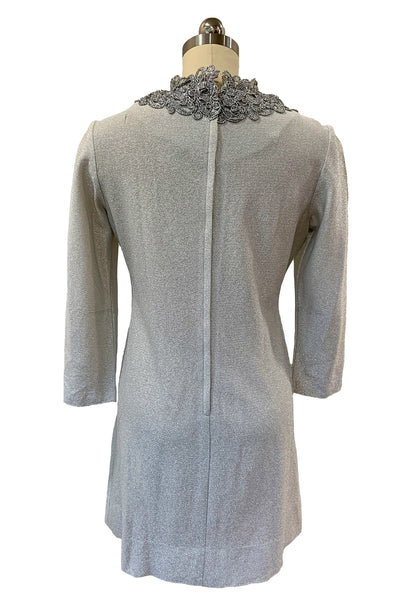 1970's Metallic Silver Lamé Long Sleeve Shift Dress