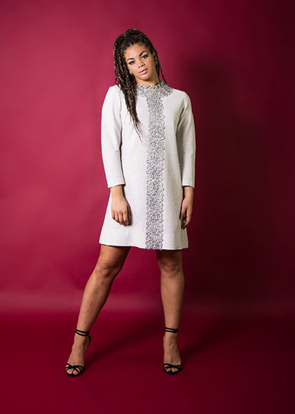 1970's Metallic Silver Lamé Long Sleeve Shift Dress