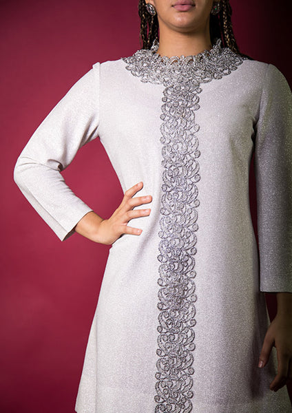1970's Metallic Silver Lamé Long Sleeve Shift Dress