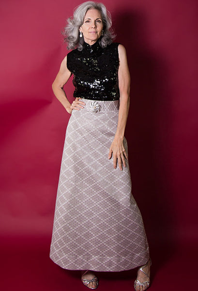1970s White and Silver Metallic Full Length Skirt