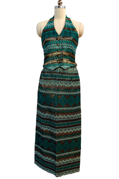 1960's Teal, Black and Gold Vest and Skirt Set