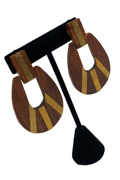 1970's Brass Inlay Wooden Earrings