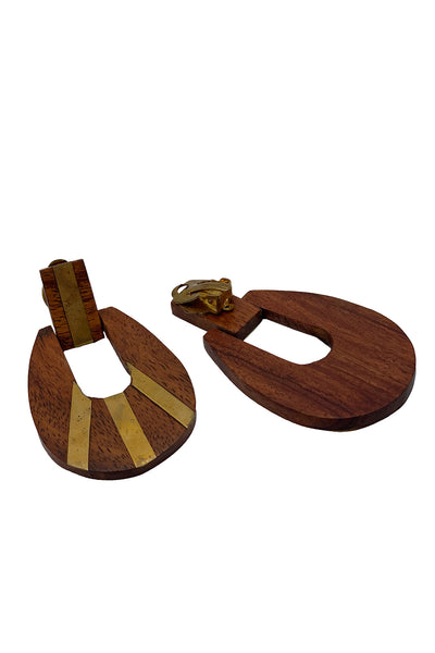 1970's Brass Inlay Wooden Earrings