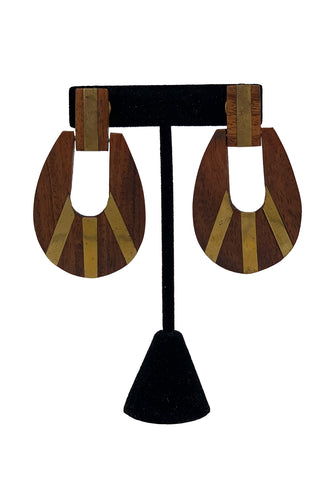 1970's Brass Inlay Wooden Earrings